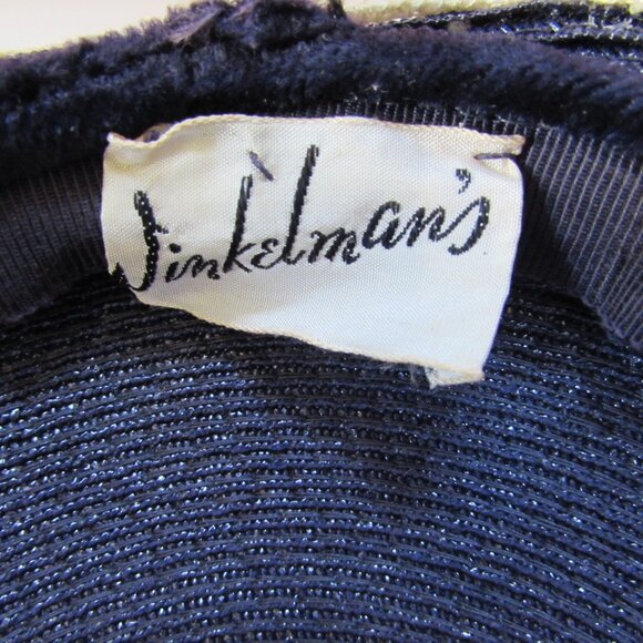 SALE Vintage Mid Century Hat Navy Weave White Trim Tear Drop Shape - Picture 12 of 13